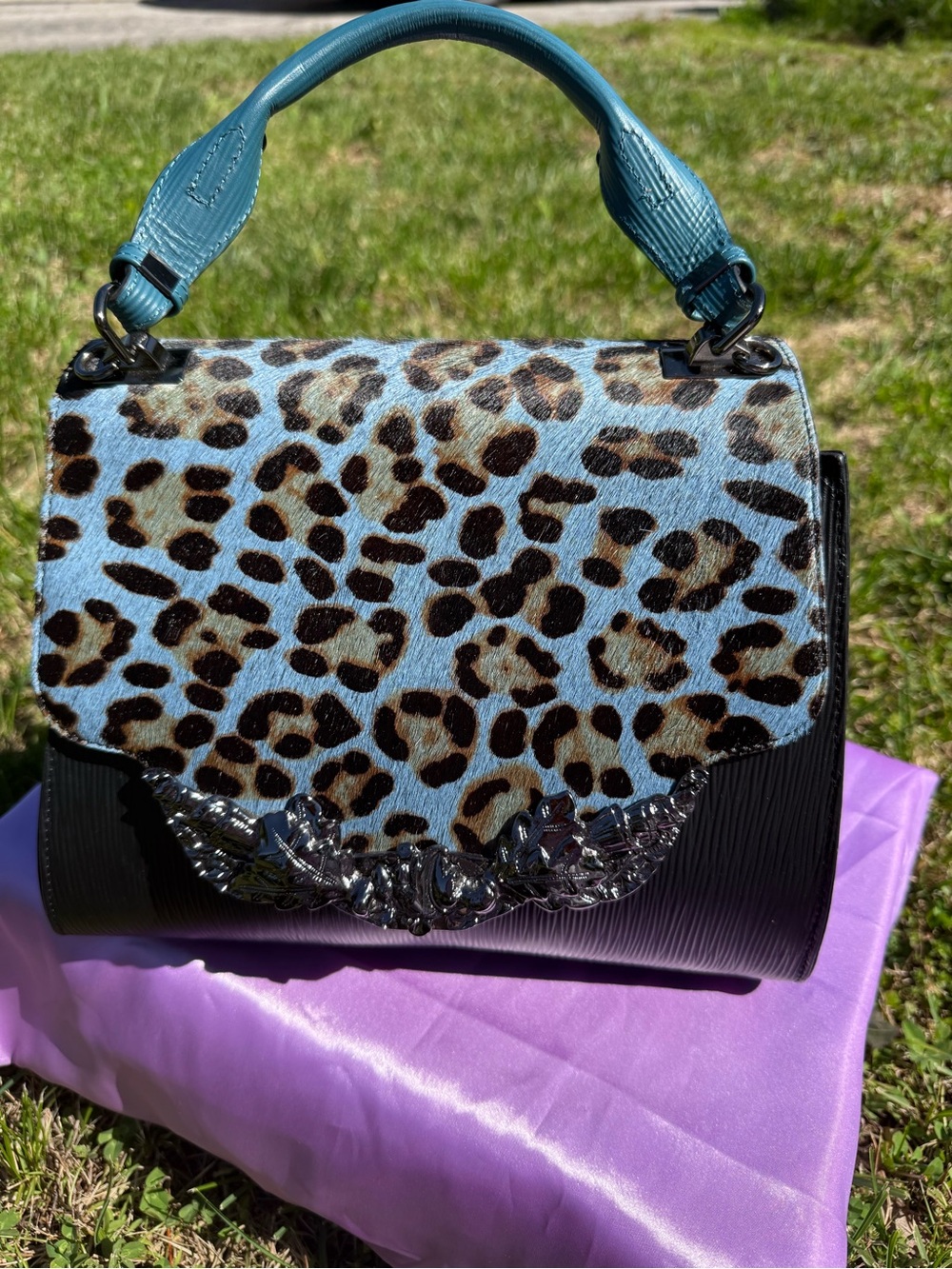 Sharif Legacy Leopard Haircalf and Epi Leather Engraved Leaf Satchel.